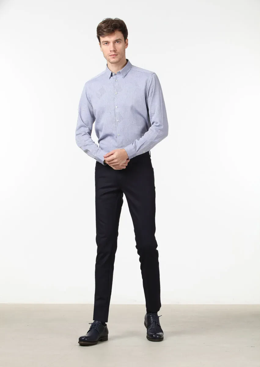 Navy Blue Material Slim Fit Casual Wool Blended Trousers - 2