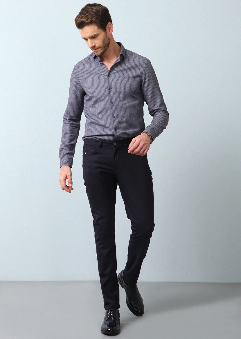 Navy Blue Material Slim Fit Casual Wool Blended Trousers - 1