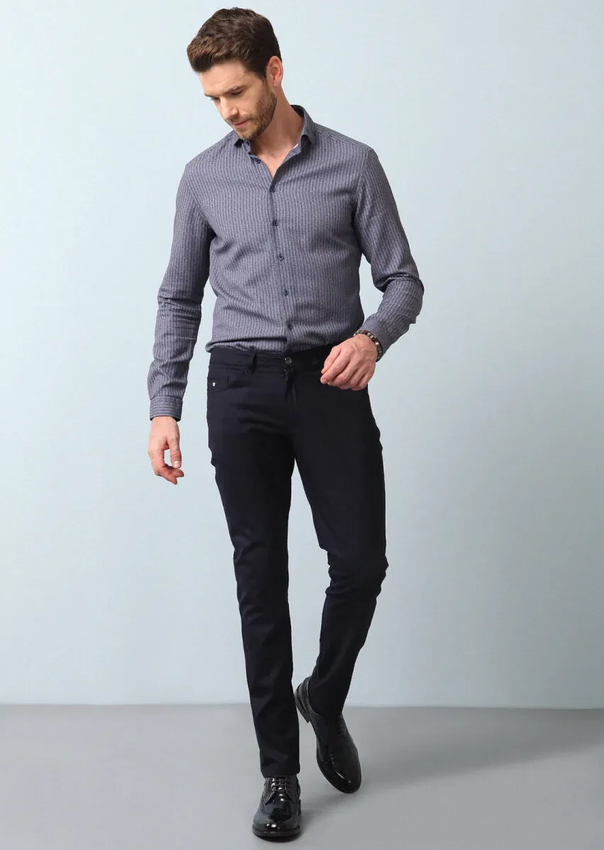 Navy Blue Material Slim Fit Casual Wool Blended Trousers - 1