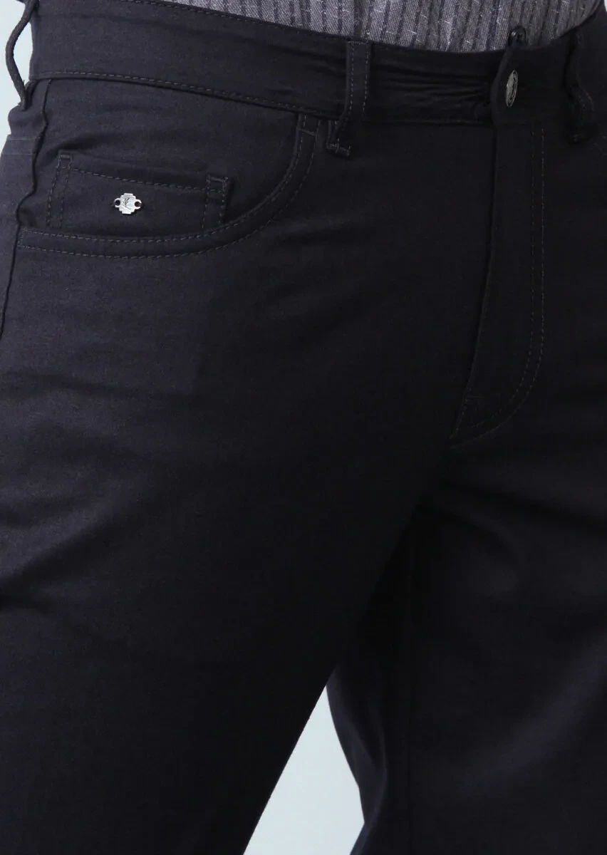 Navy Blue Material Slim Fit Casual Wool Blended Trousers - 3
