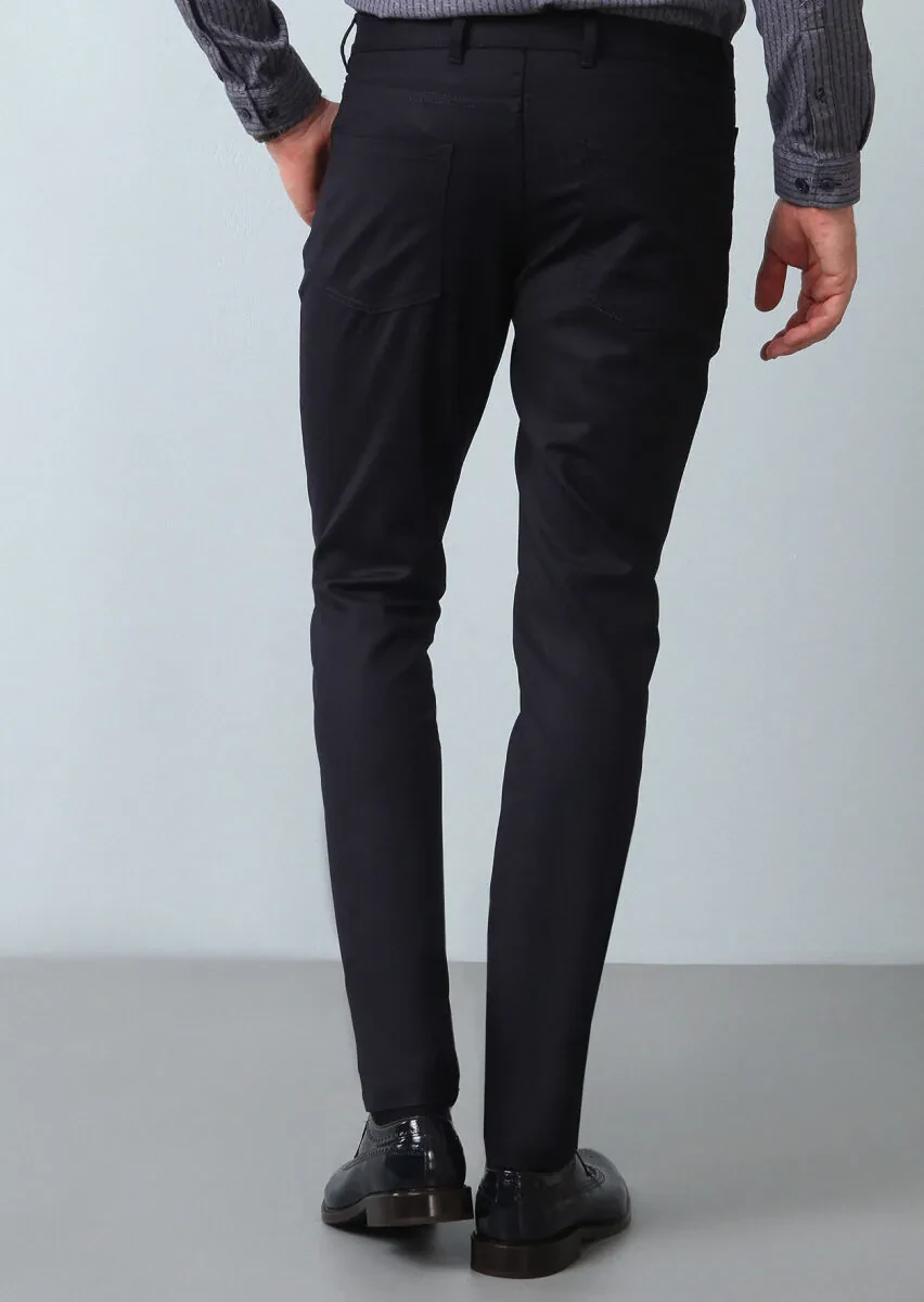 Navy Blue Material Slim Fit Casual Wool Blended Trousers - 5