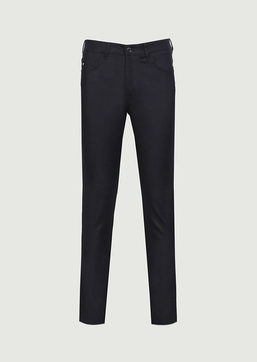 Navy Blue Material Slim Fit Casual Wool Blended Trousers - 6