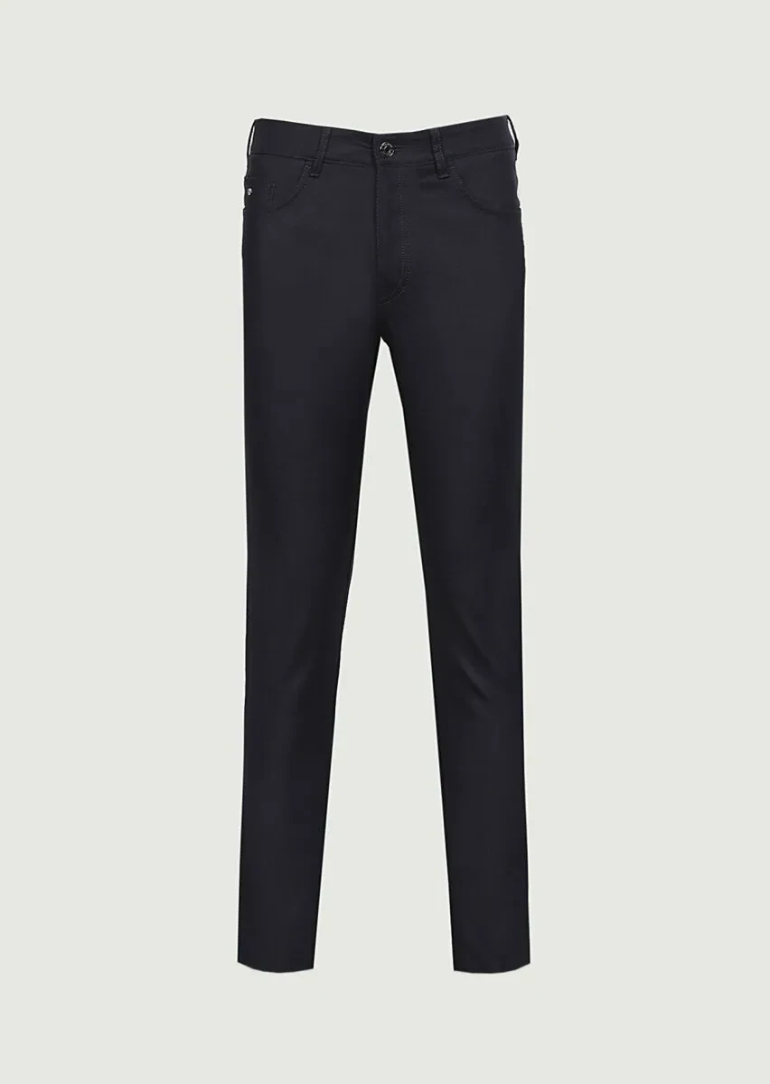 Navy Blue Material Slim Fit Casual Wool Blended Trousers - 6