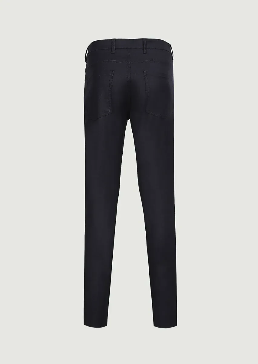 Navy Blue Material Slim Fit Casual Wool Blended Trousers - 7