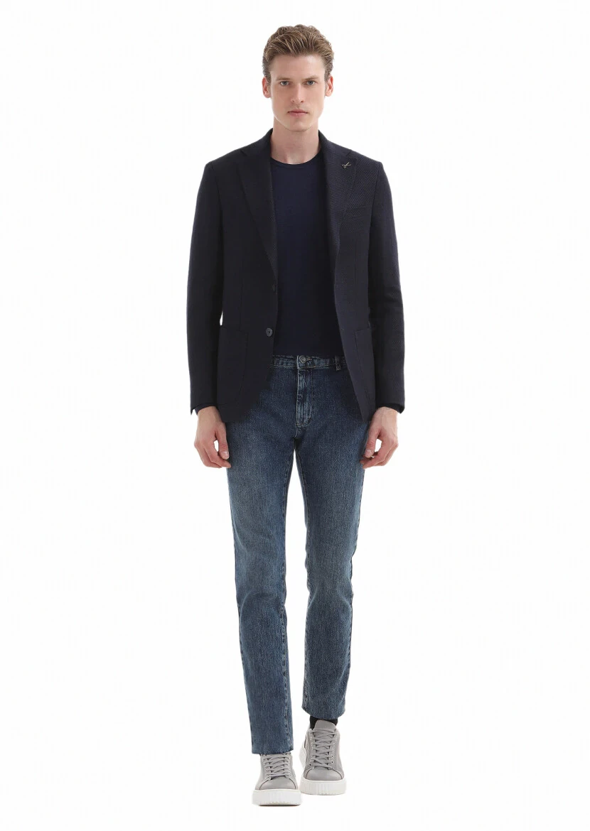 Navy Blue Micro Comfort Fit Wool Blended Jacket - 1