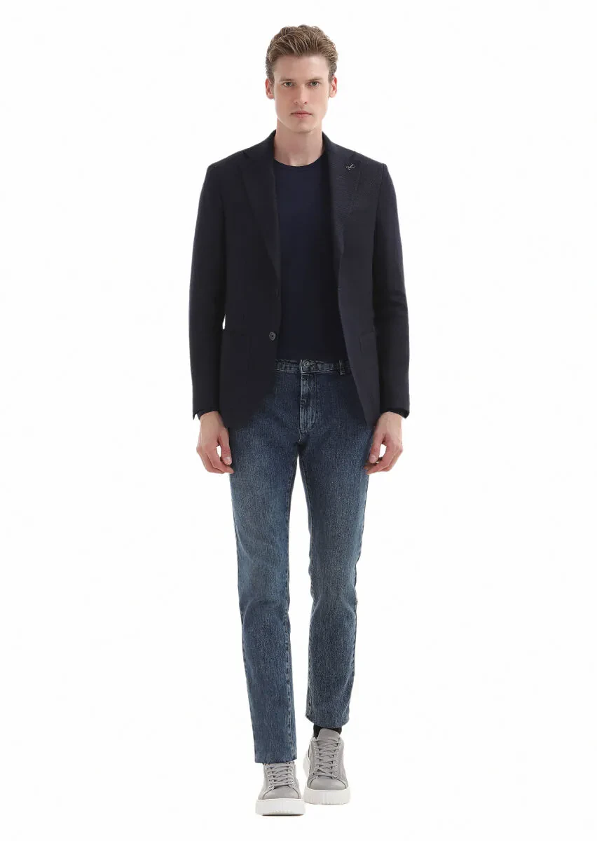 Navy Blue Micro Comfort Fit Wool Blended Jacket - 1