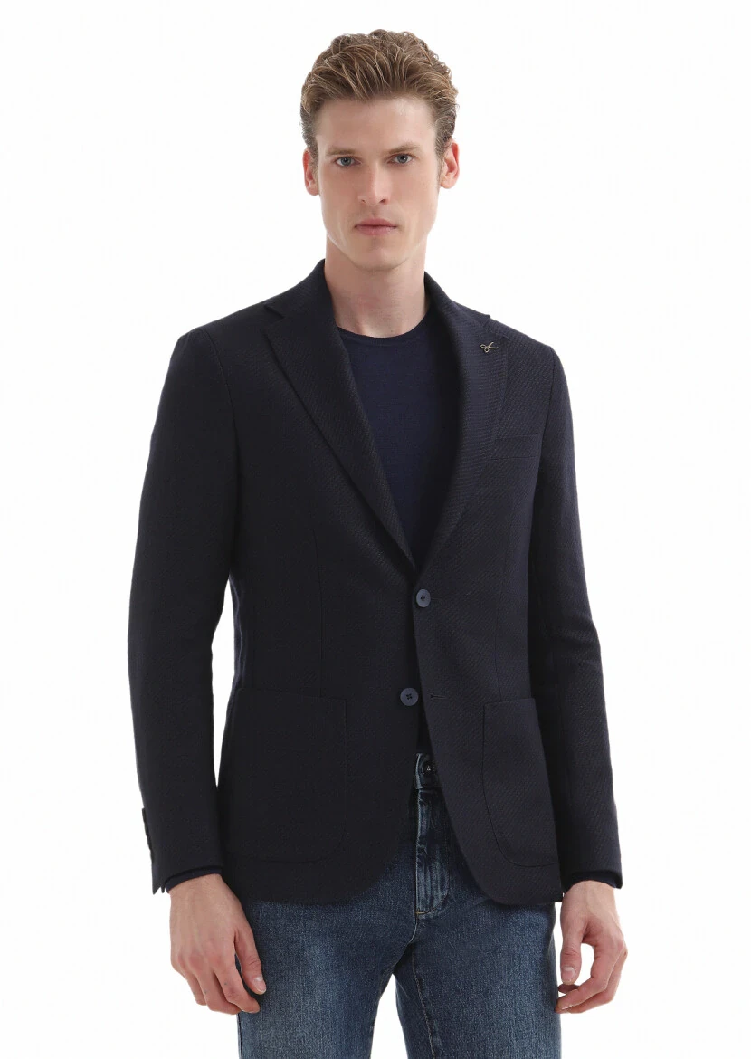 Navy Blue Micro Comfort Fit Wool Blended Jacket - 2