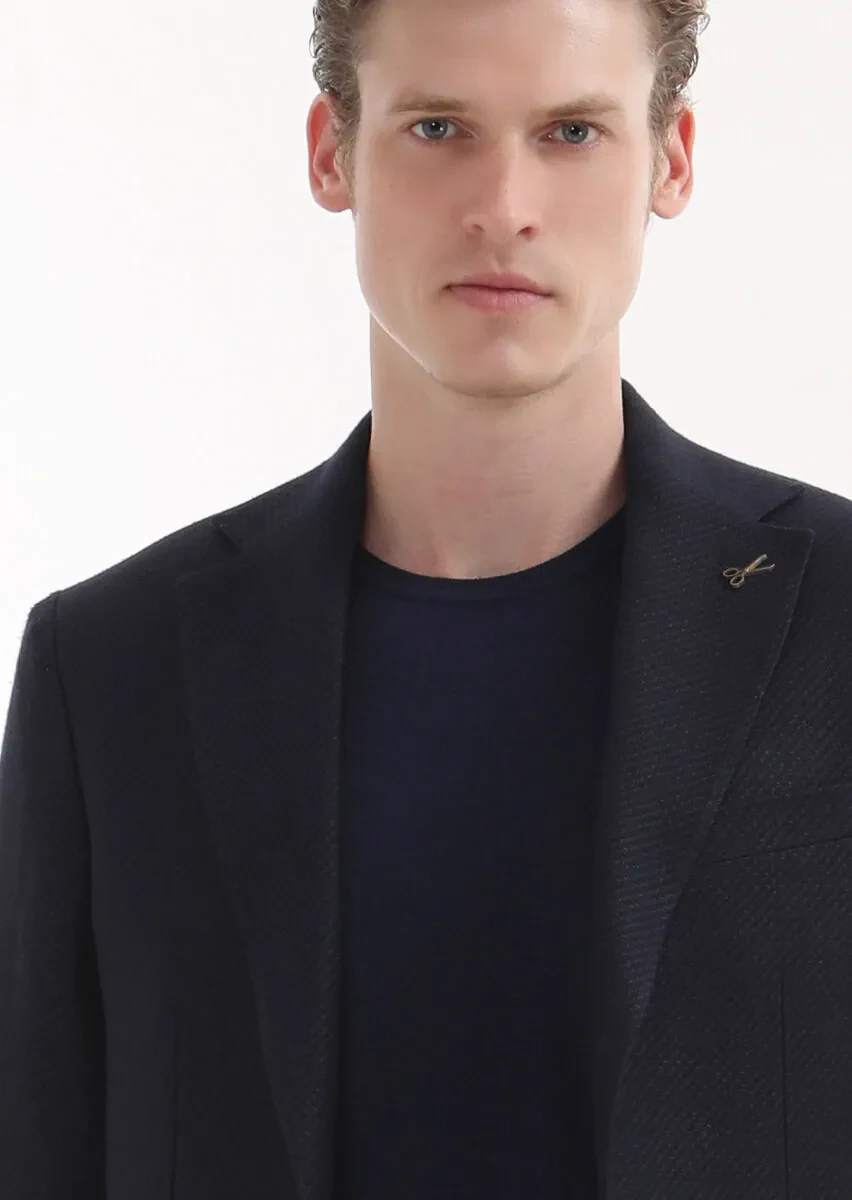 Navy Blue Micro Comfort Fit Wool Blended Jacket - 3