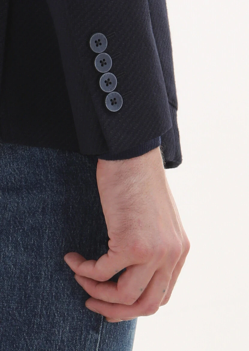 Navy Blue Micro Comfort Fit Wool Blended Jacket - 4