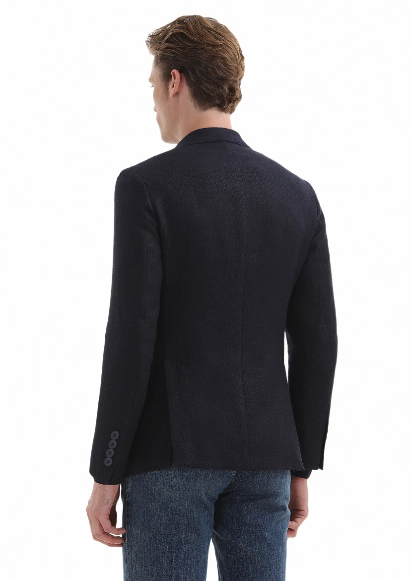 Navy Blue Micro Comfort Fit Wool Blended Jacket - 5