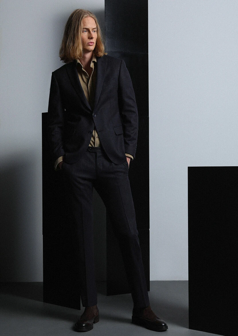 Navy Blue Micro Dynamic Fit Wool Blended Suit - 1