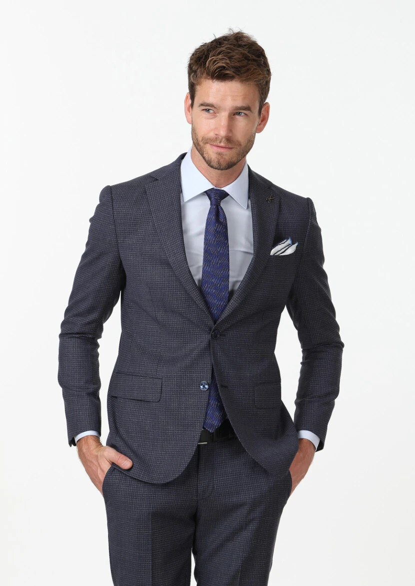 Navy Blue Micro Modern Fit 100% Wool Suit - 4