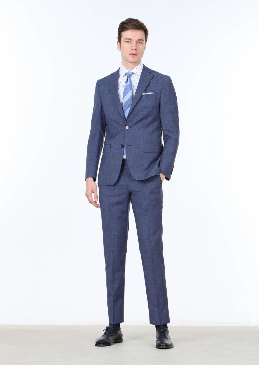 Navy Blue Micro Modern Fit 100% Wool Suit - 1