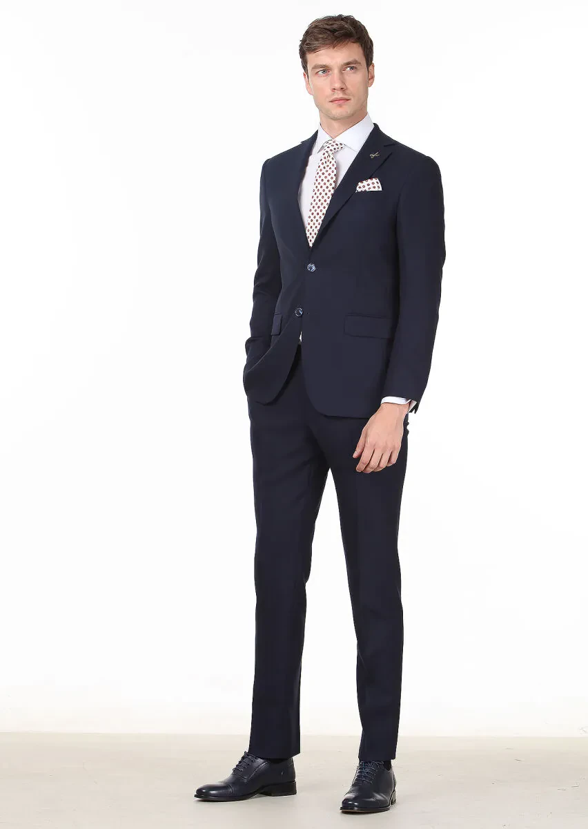 Navy Blue Micro Modern Fit 100% Wool Suit - 1