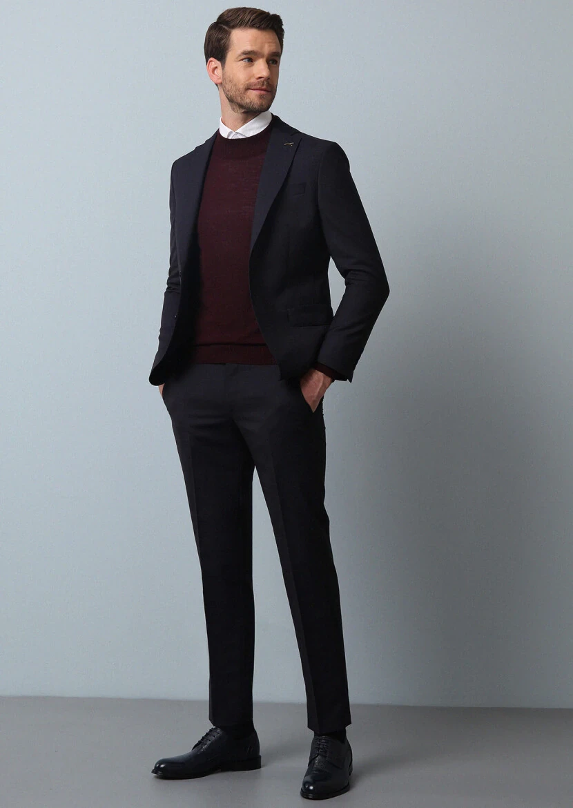 Navy Blue Micro Modern Fit 100% Wool Suit - 3