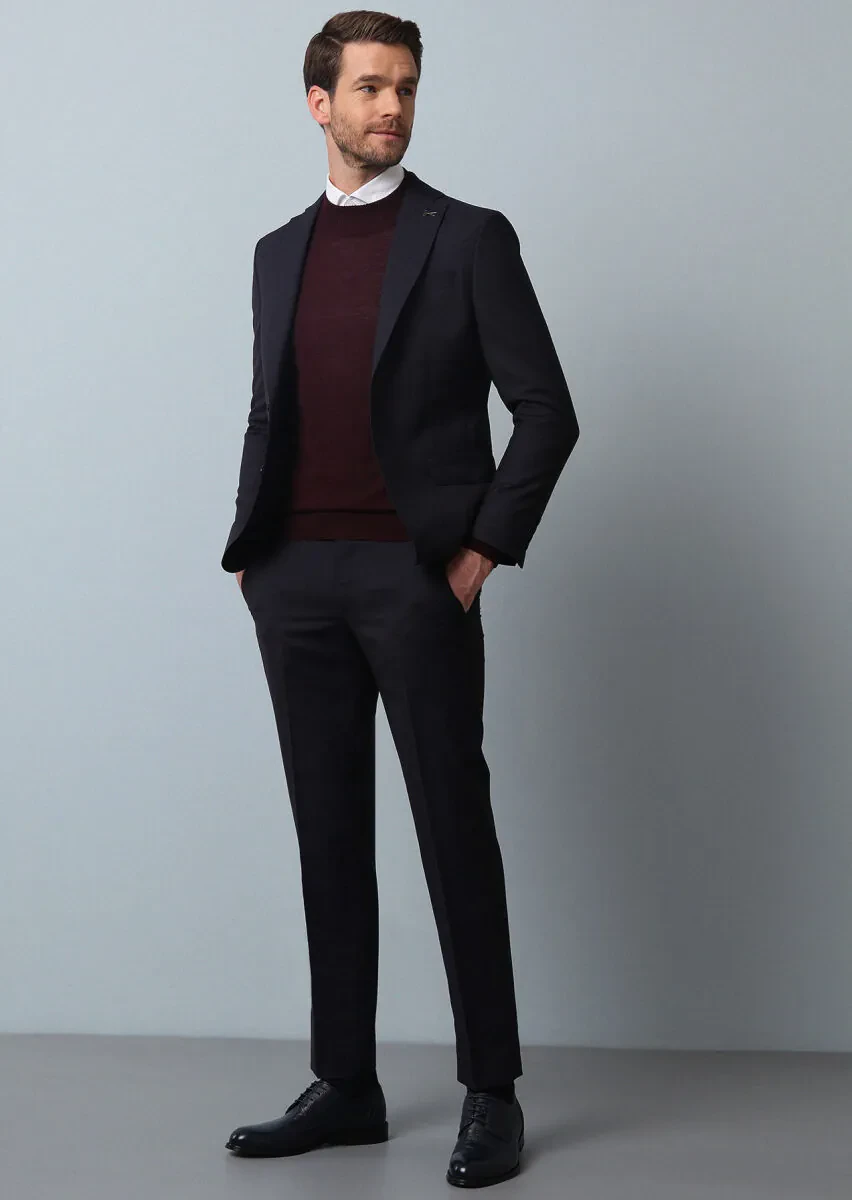 Navy Blue Micro Modern Fit 100% Wool Suit - 3