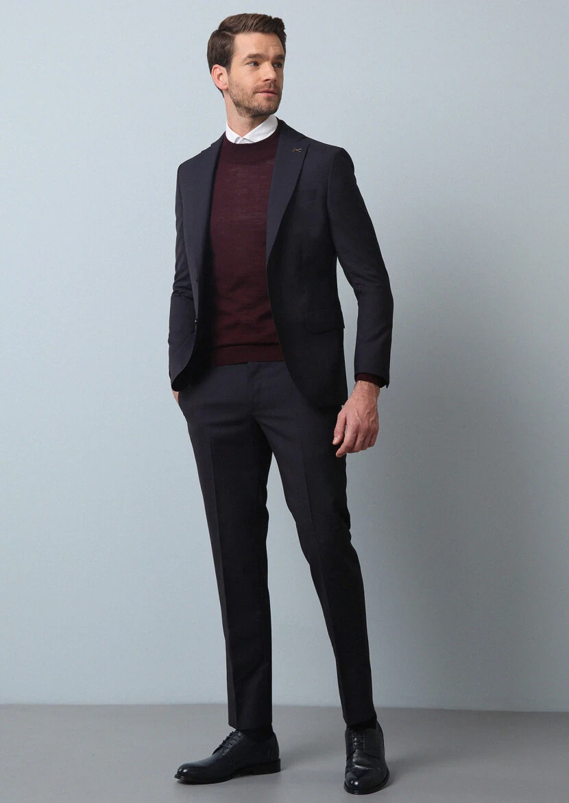 Navy Blue Micro Modern Fit 100% Wool Suit - 4