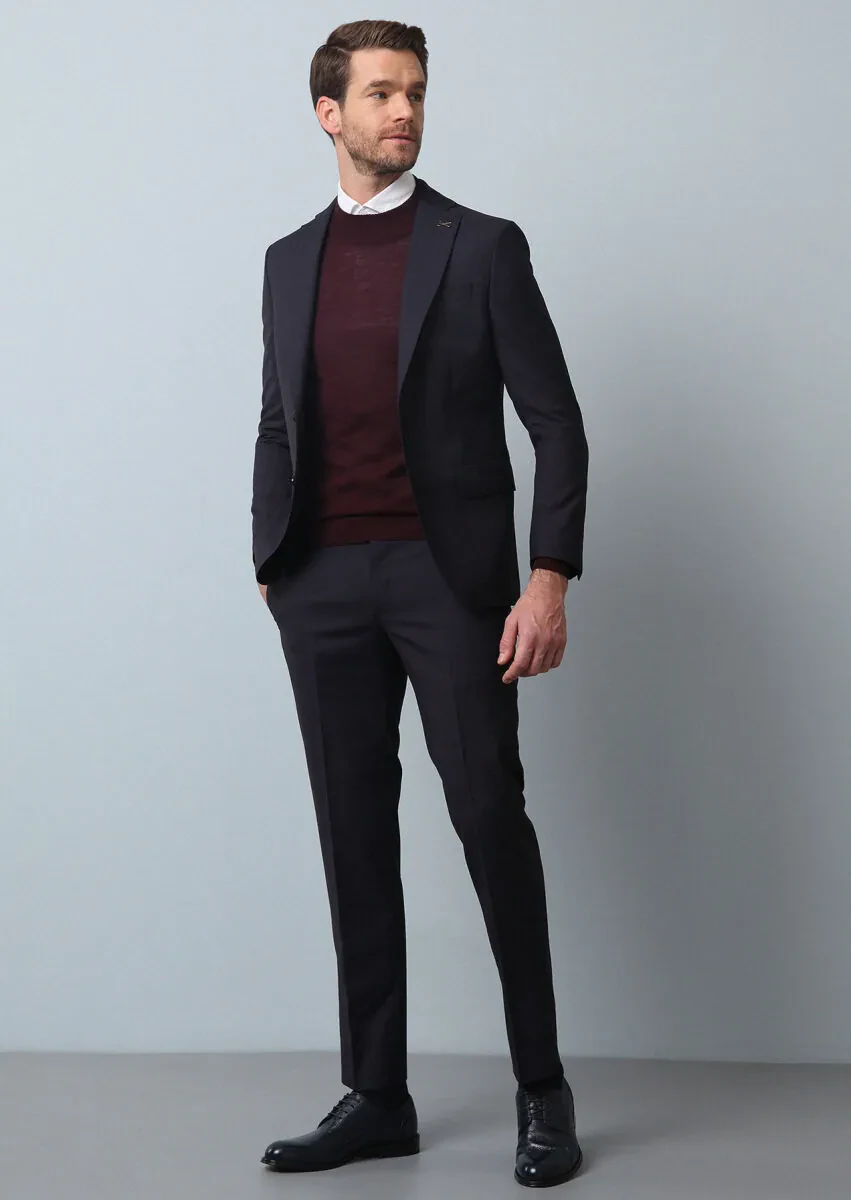 Navy Blue Micro Modern Fit 100% Wool Suit - 4