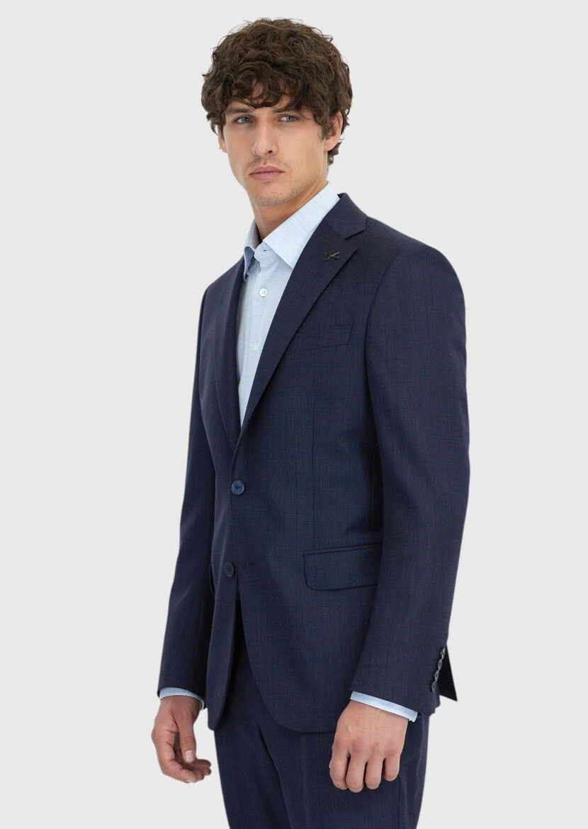 Navy Blue Micro Modern Fit 100% Wool Suit - 3