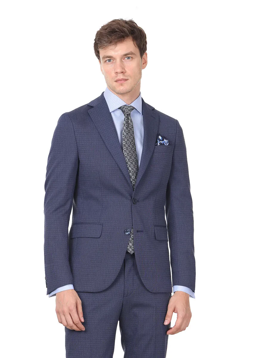 Navy Blue Micro Modern Fit Wool Blended Suit - 1
