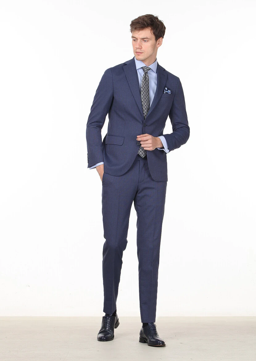 Navy Blue Micro Modern Fit Wool Blended Suit - 3