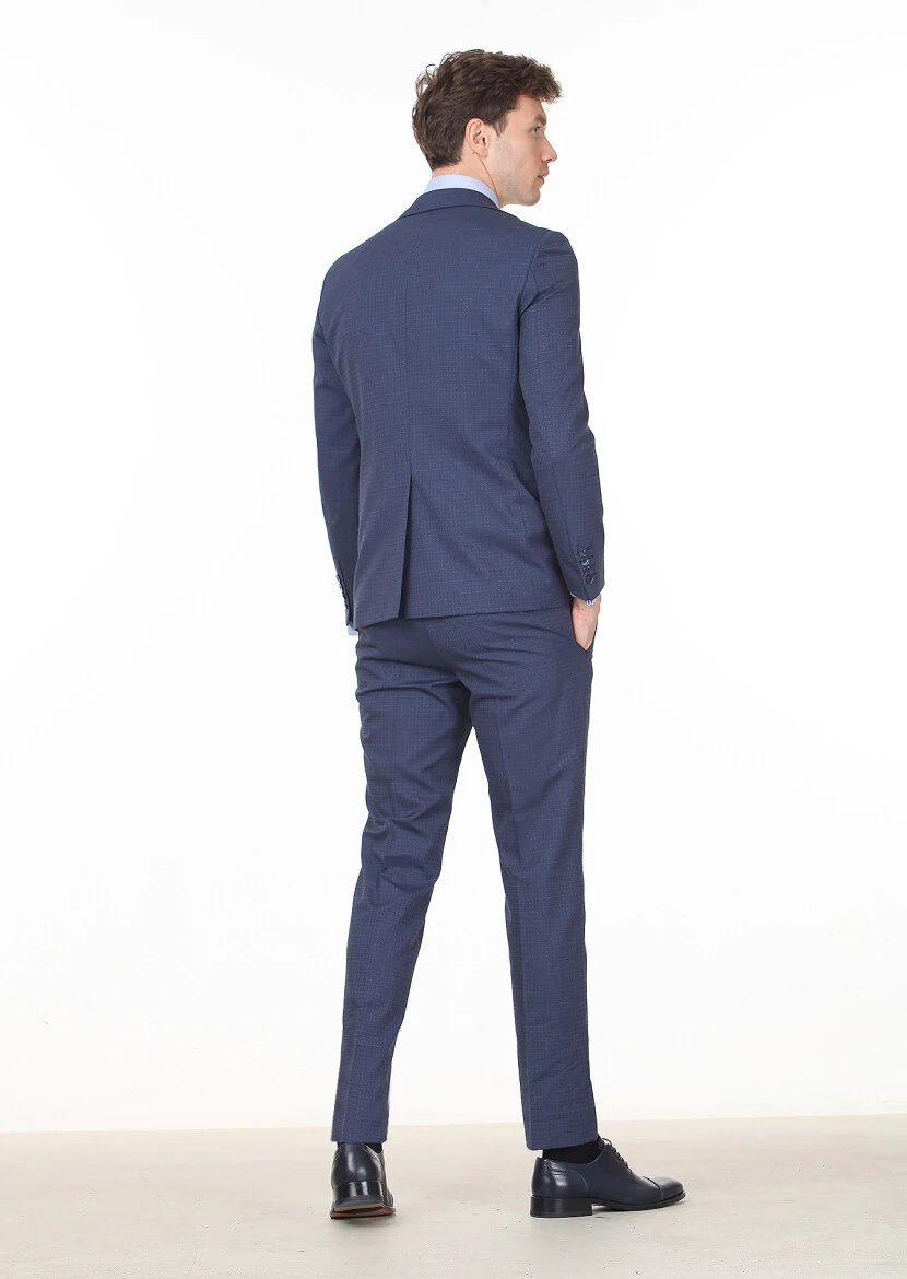Navy Blue Micro Modern Fit Wool Blended Suit - 4