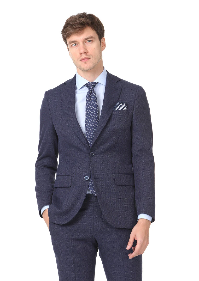 Navy Blue Micro Modern Fit Wool Blended Suit - 1