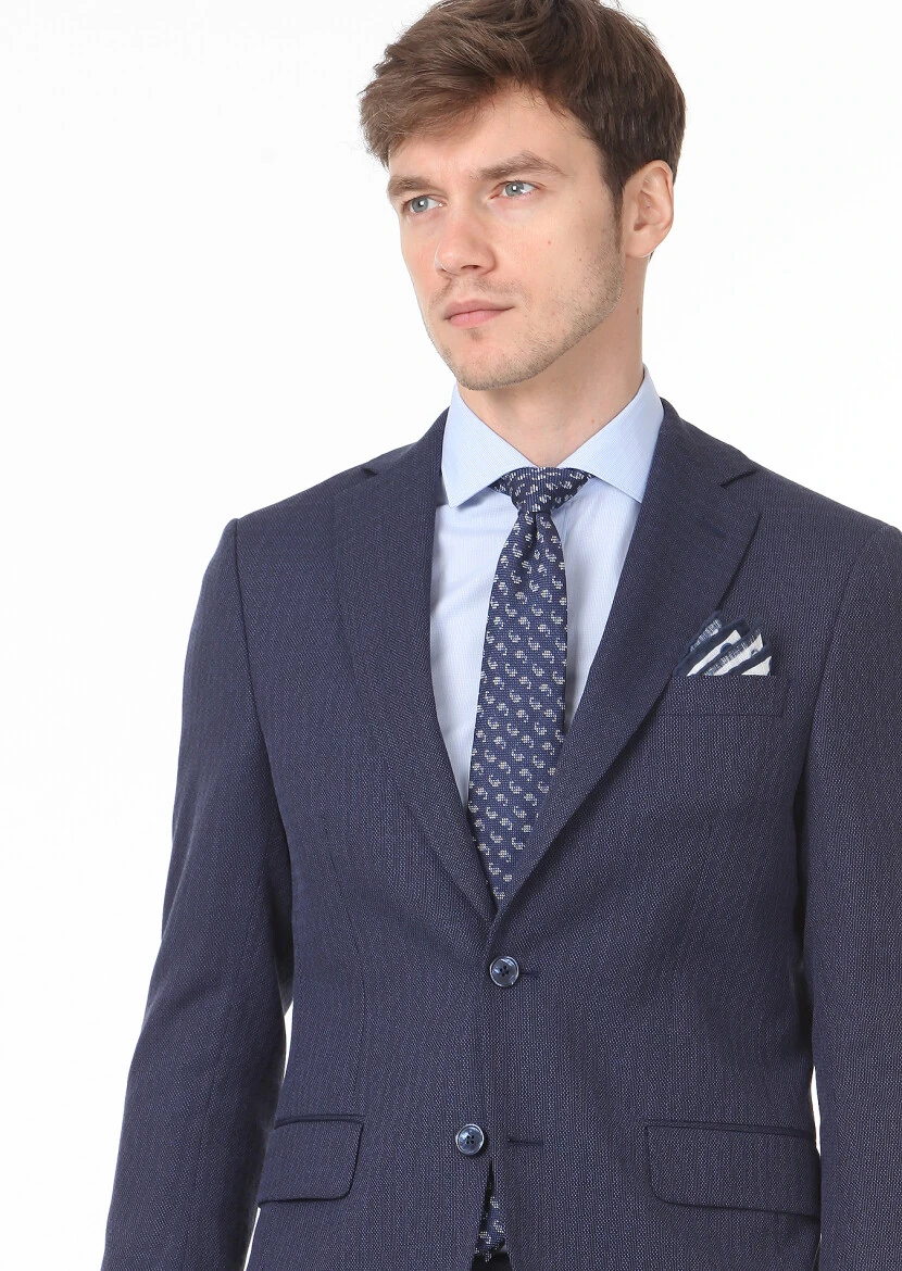 Navy Blue Micro Modern Fit Wool Blended Suit - 2