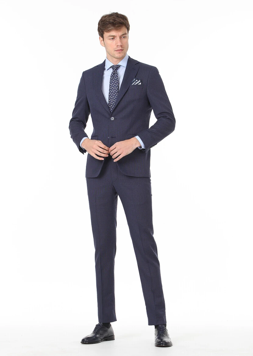 Navy Blue Micro Modern Fit Wool Blended Suit - 3