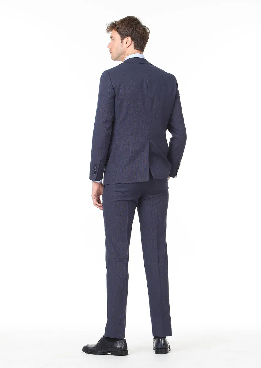 Navy Blue Micro Modern Fit Wool Blended Suit - 4
