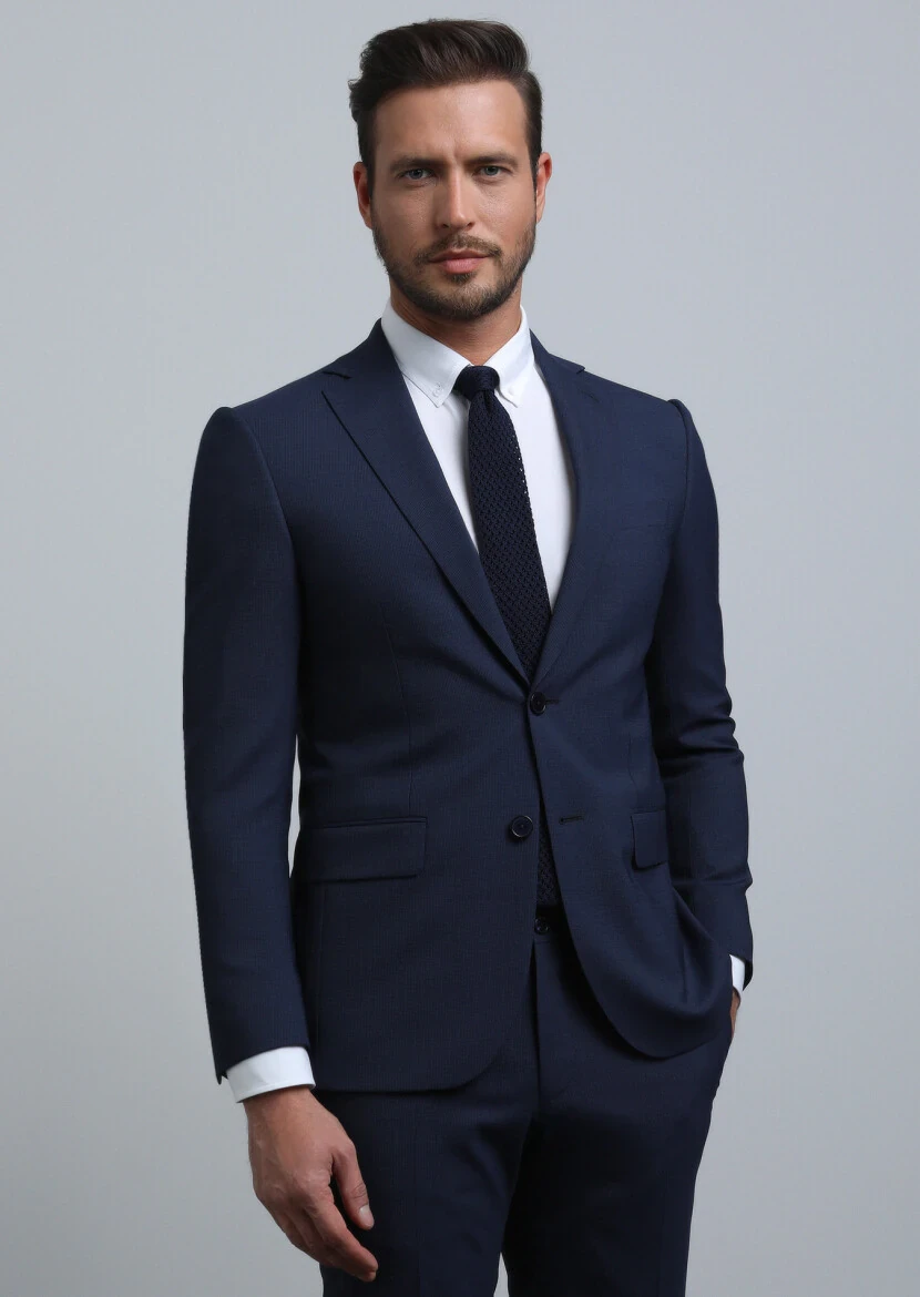 Navy Blue Micro Modern Fit Wool Blended Suit - 1