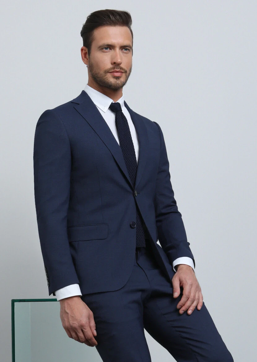 Navy Blue Micro Modern Fit Wool Blended Suit - 2