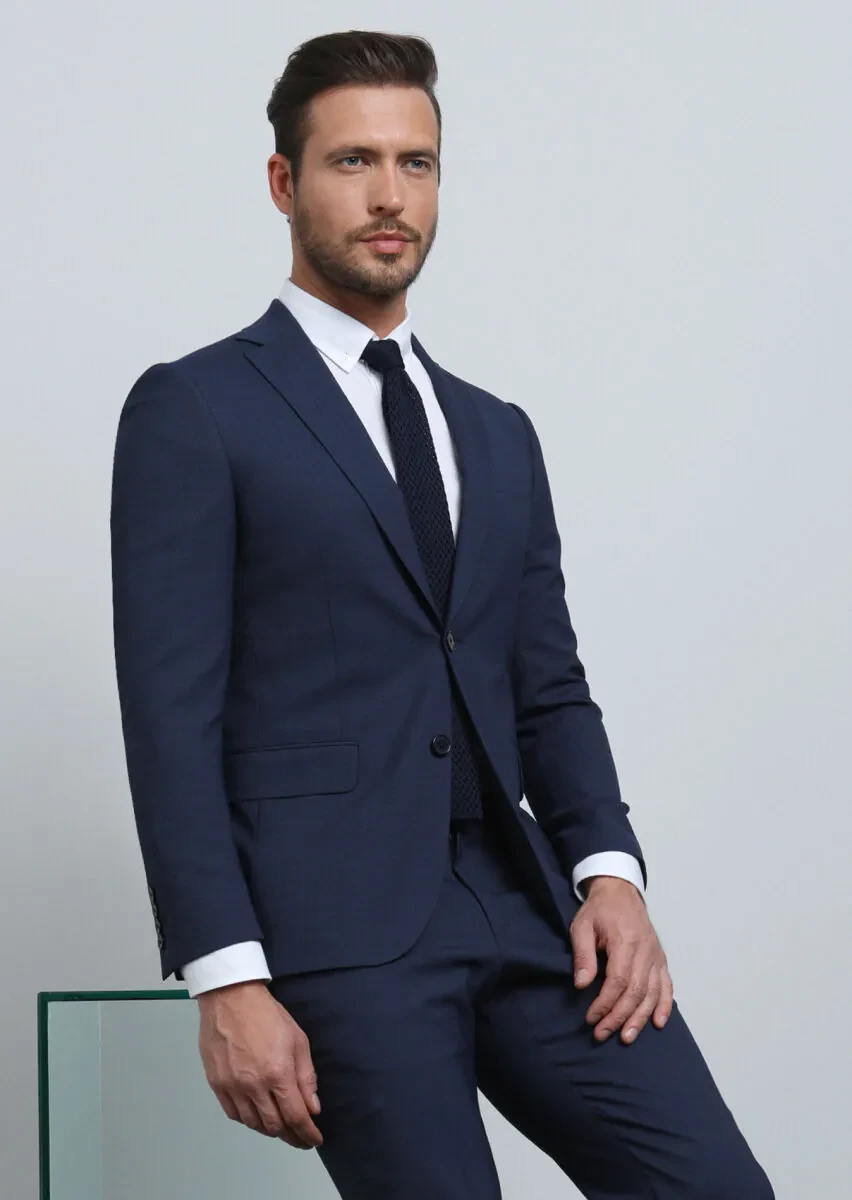 Navy Blue Micro Modern Fit Wool Blended Suit - 2