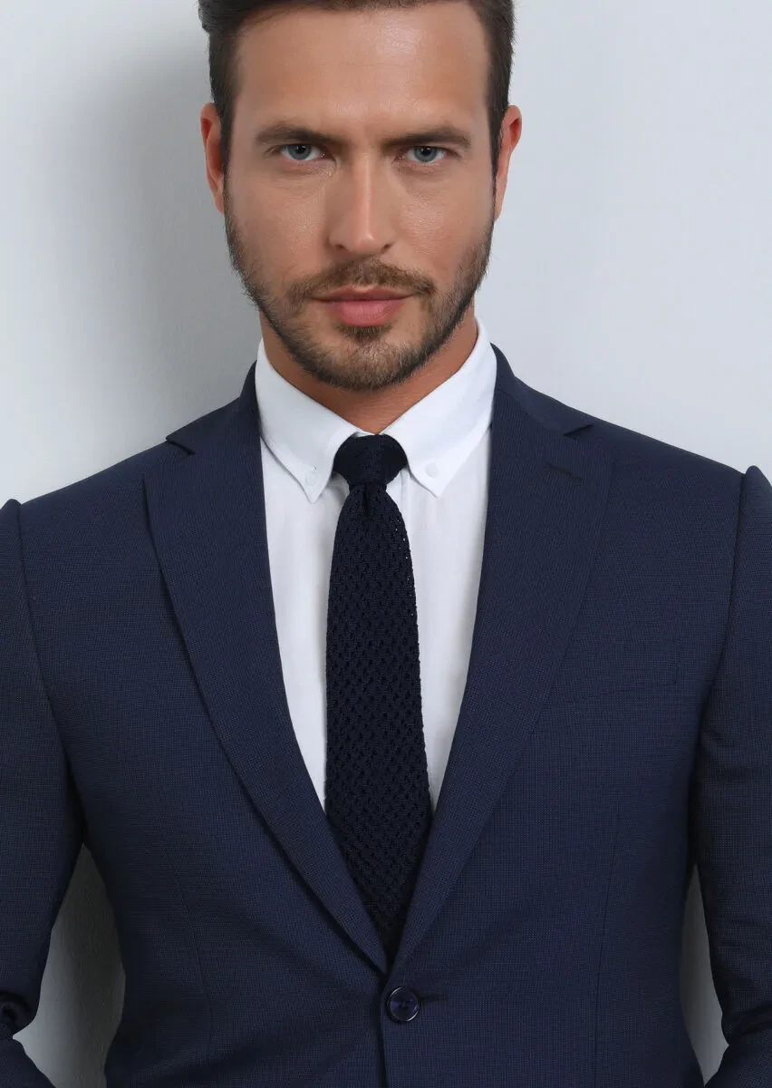 Navy Blue Micro Modern Fit Wool Blended Suit - 3