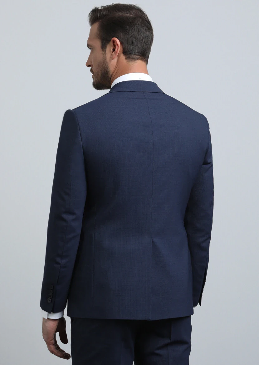 Navy Blue Micro Modern Fit Wool Blended Suit - 5