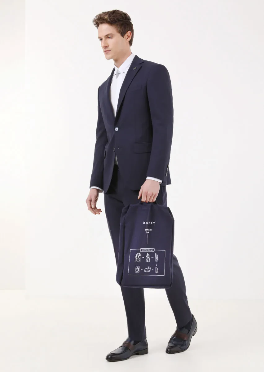 Navy Blue Micro Modern Fit Wool Blended Suit - 1