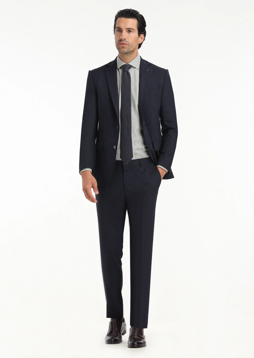 Navy Blue Micro Modern Fit Wool Blended Suit - 1