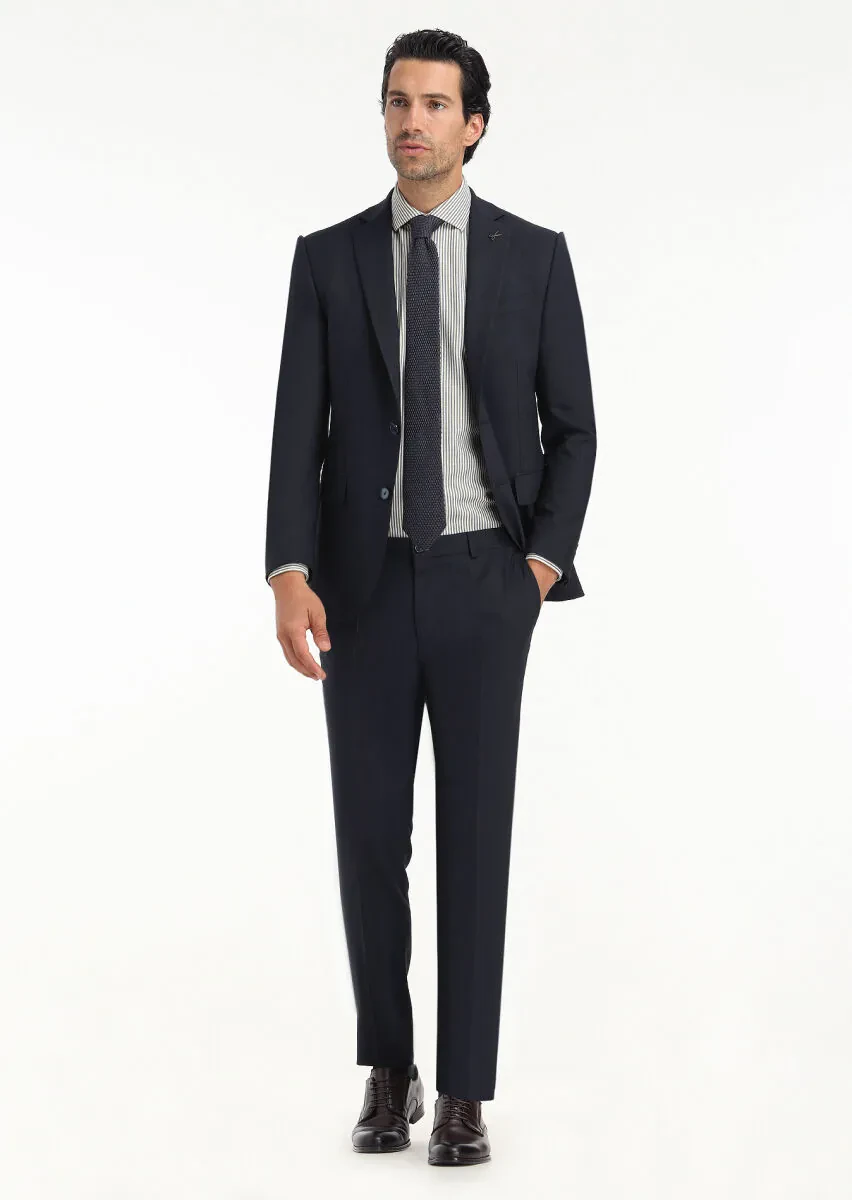 Navy Blue Micro Modern Fit Wool Blended Suit - 1
