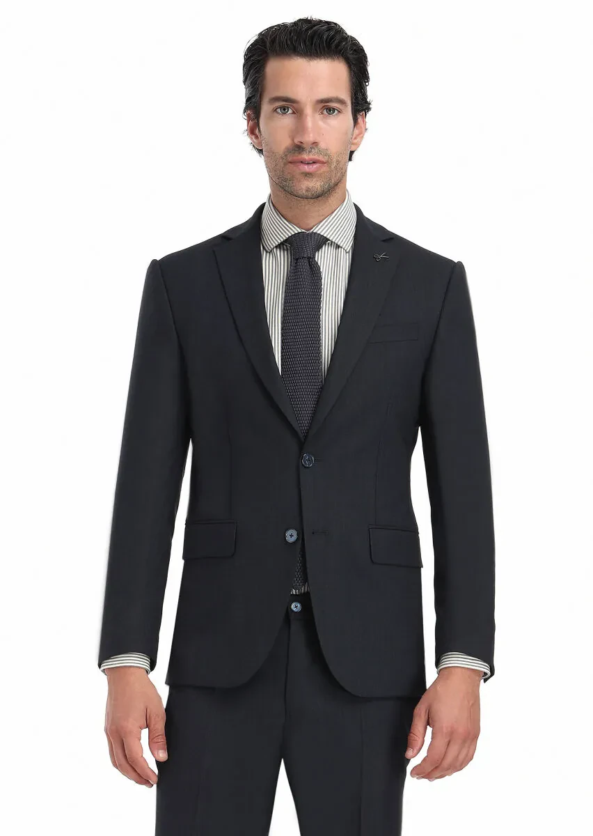 Navy Blue Micro Modern Fit Wool Blended Suit - 3