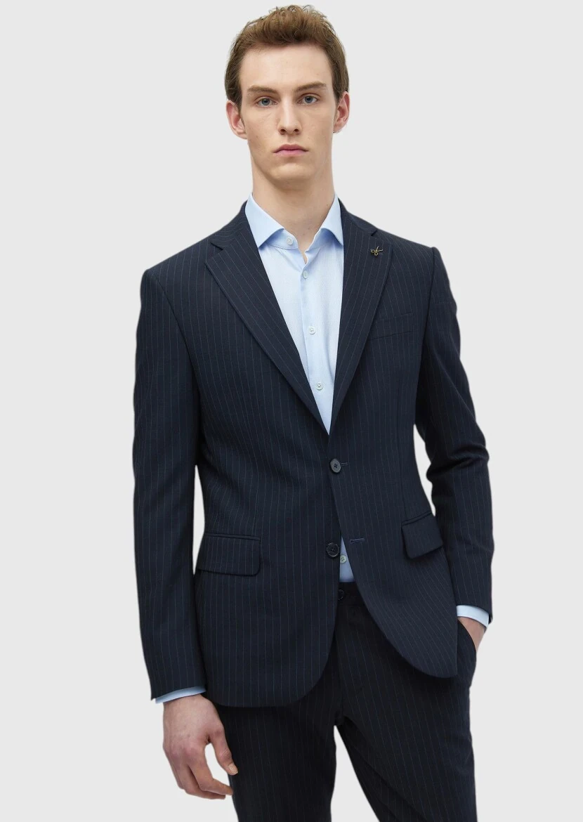 Navy Blue Micro Modern Fit Wool Blended Suit - RAMSEY