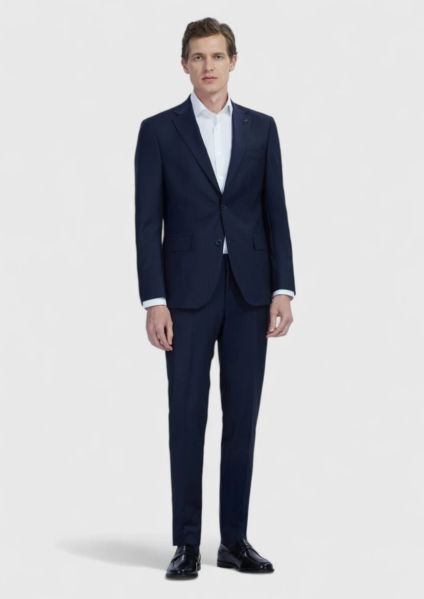 Navy Blue Micro Modern Fit Wool Blended Suit - RAMSEY