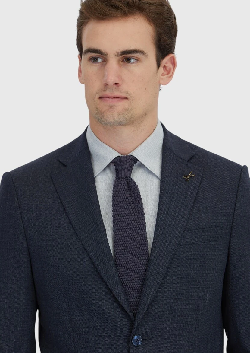 Navy Blue Micro Modern Fit Wool Blended Suit - 3