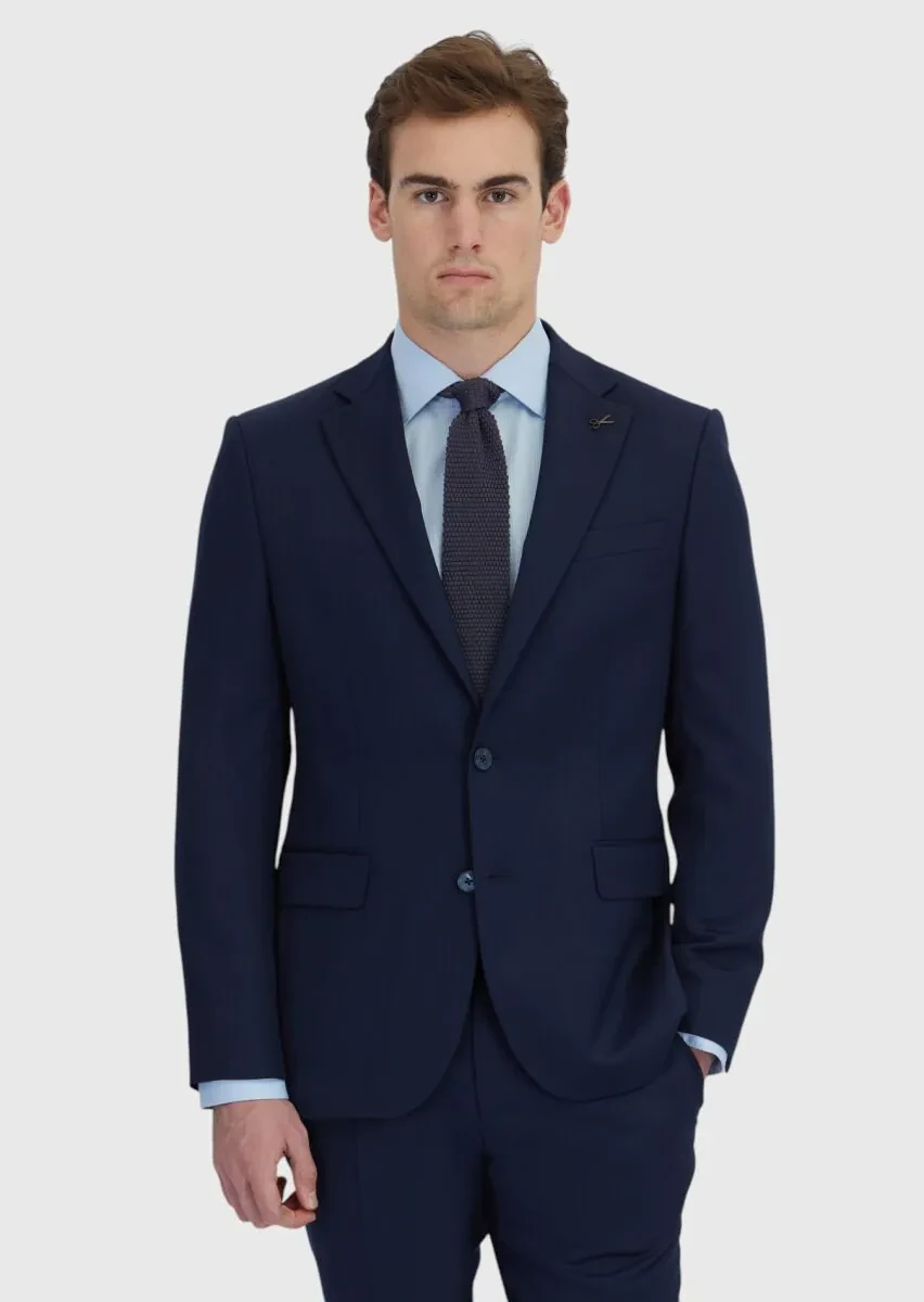Navy Blue Micro Modern Fit Wool Blended Suit - 1