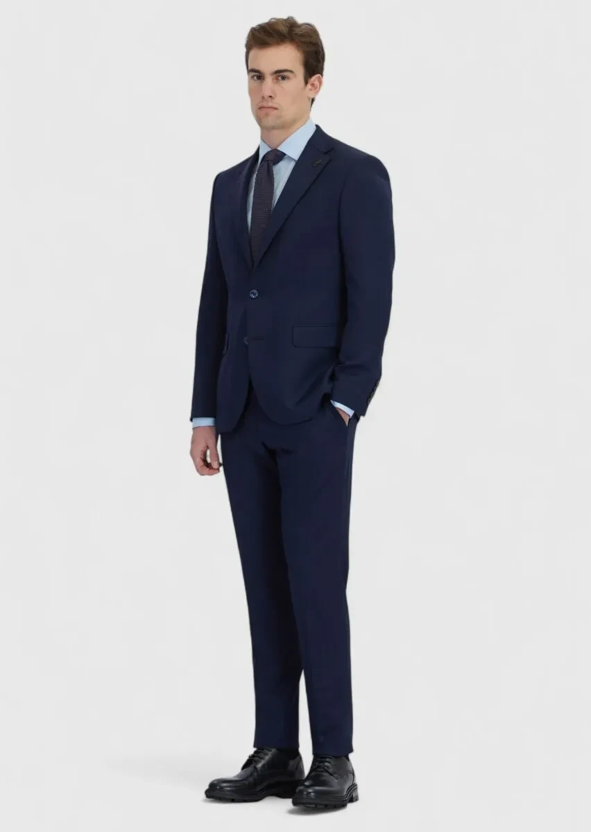 Navy Blue Micro Modern Fit Wool Blended Suit - 2