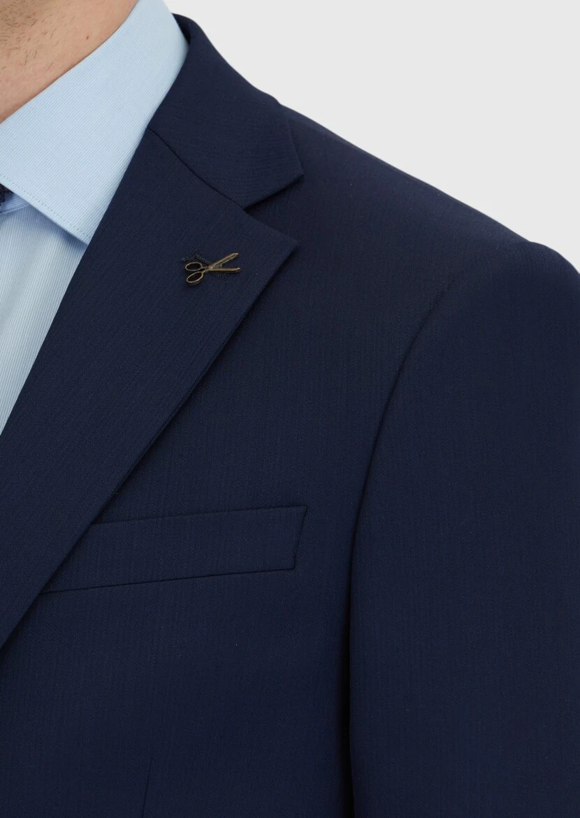 Navy Blue Micro Modern Fit Wool Blended Suit - 4