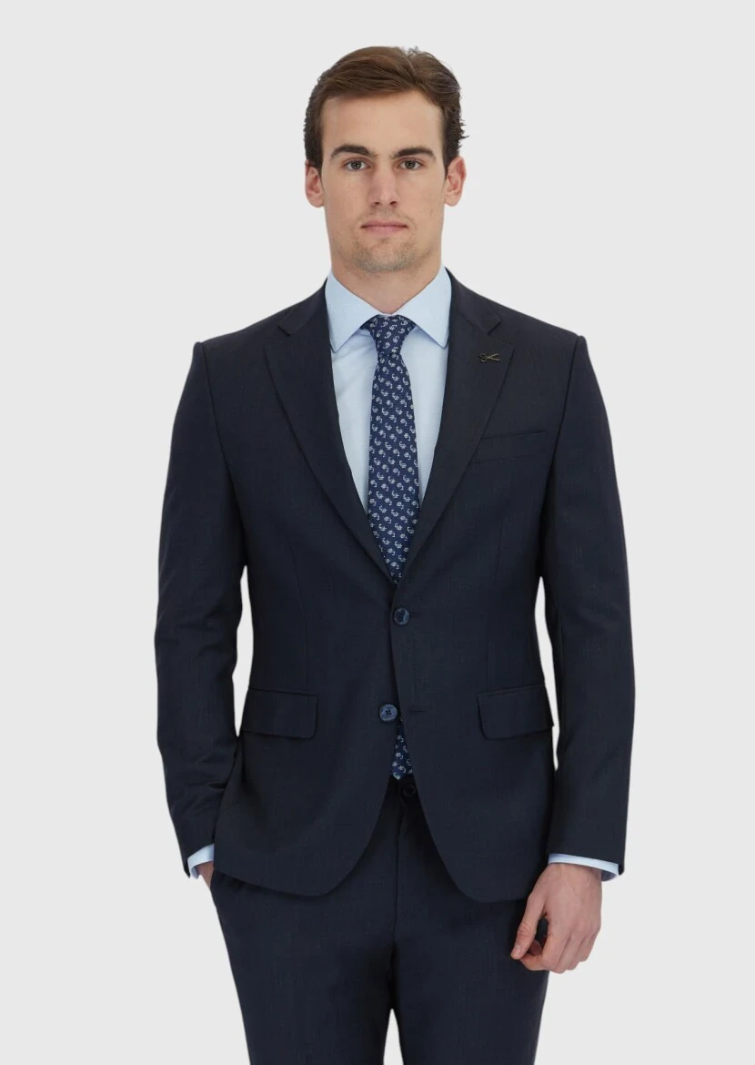 Navy Blue Micro Modern Fit Wool Blended Suit - RAMSEY