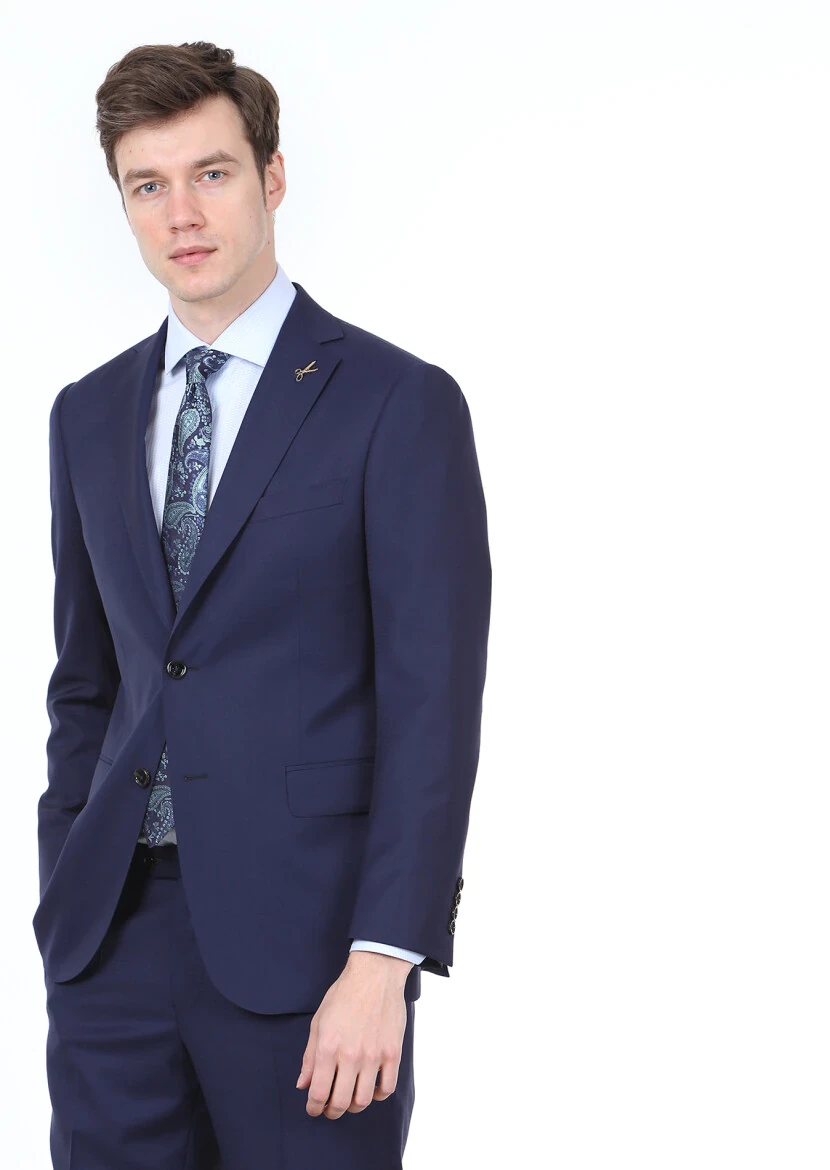 Navy Blue Micro Regular Fit 100% Wool Suit - 1