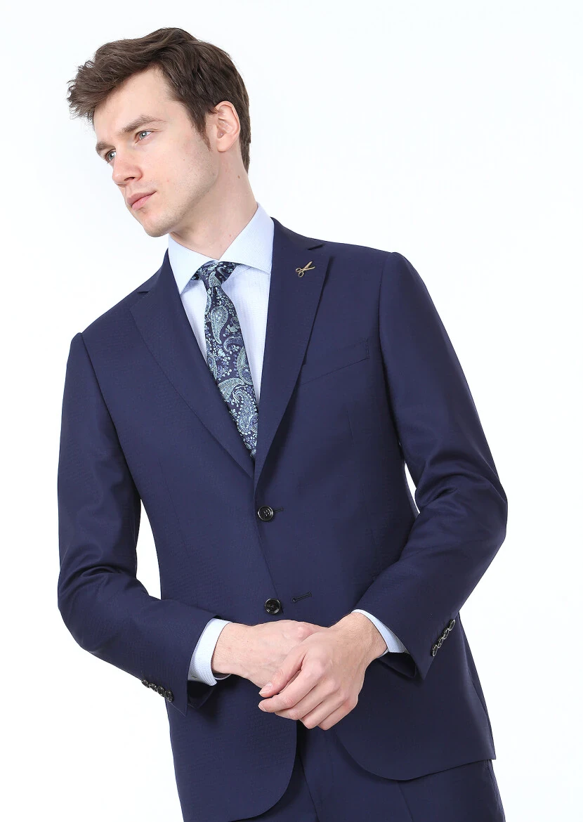 Navy Blue Micro Regular Fit 100% Wool Suit - 2
