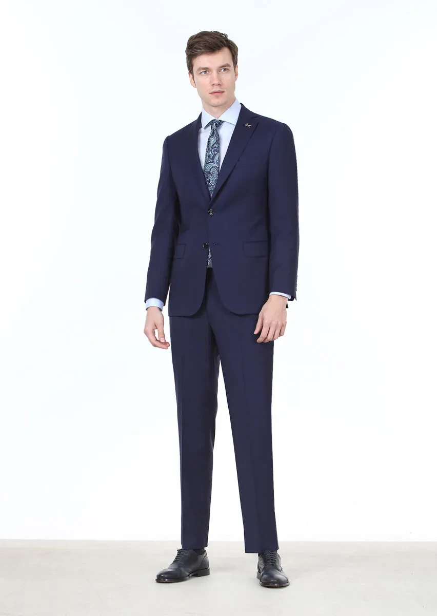 Navy Blue Micro Regular Fit 100% Wool Suit - 3