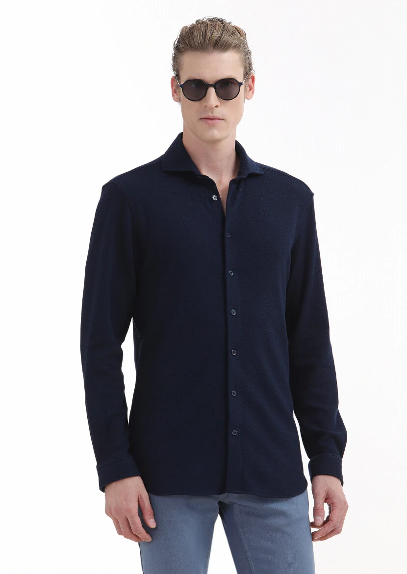 Navy Blue Micro Regular Fit Knitting Casual 100% Cotton Shirt 